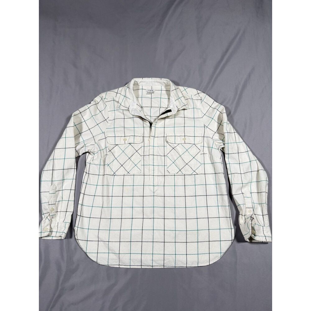 J.Crew Men's Medium Flannel Popover Shirt Half Zip White Green Windowpane Plaid